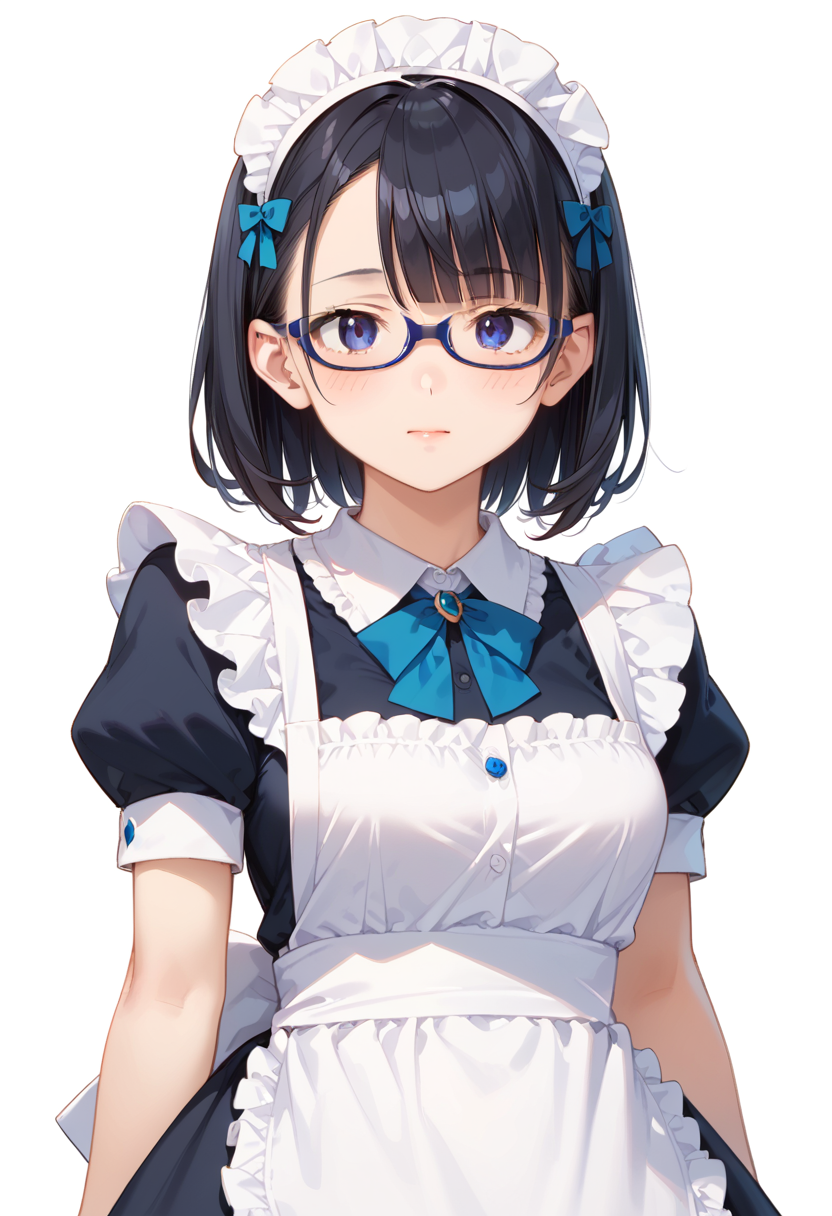 score_9, score_8_up, score_7_up, rating_safe, masterpiece, best quality, absurdres, unity 8k wallpaper, official art, official style, source_anime, uncensored, game cg, megami magazine,
1girl, solo, black hair, medium hair, upper body, covered eyes,maid, maid headdress, black dress, maid apron, face focus,
underrim_cell, glasses, still life, white background, simple background, under-rim eyewear, blue-framed eyewear, 
 <lora:glasses_underRimCell_PONY_V1:1>