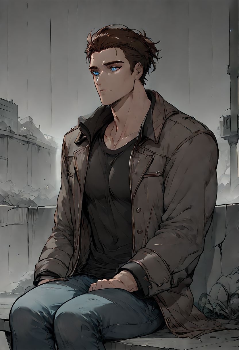 score_9, score_8_up, score_7_up, 1 man, shen, shen from league of legends, brown hair, muscular man, blue eyes, coat, jeans, black shirt, sitting alone, loneliness, silence, empty look, gym, scenery, greyscale
