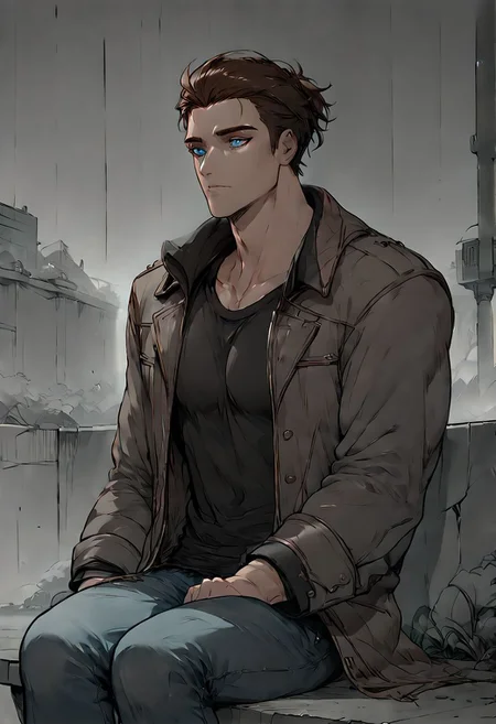 score_9, score_8_up, score_7_up, 1 man, shen, shen from league of legends, brown hair, muscular man, blue eyes, coat, jeans, black shirt, sitting alone, loneliness, silence, empty look, gym, scenery, greyscale