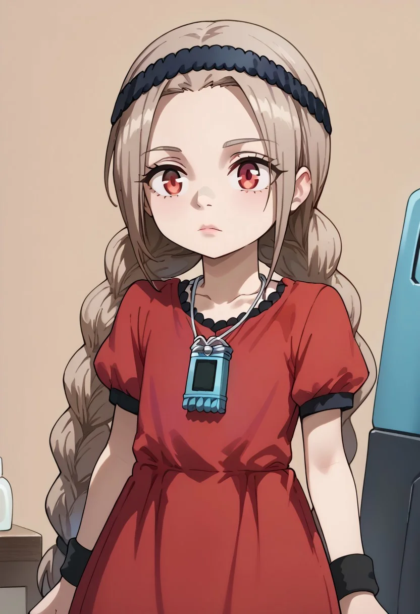 WangV2Style,
score_9, score_8_up, score_7_up, duo, 1boy, 1girl, [(character 1(redsebmuntzer, 1boy, male, short spiky light brown hair, light skin, blue eyes, thin eyebrows, sharp chin, lavender v-neck t-shirt, dark gray pants, black wristbands, pendant with large blue device, skinny, ))], break, [(character 2(seyranmuntzer, 1girl, female, light brown long braided hair, light skin, thin eyebrows, red eyes, small nose, simple lips, red dress with black accents, black hairband, slim))],