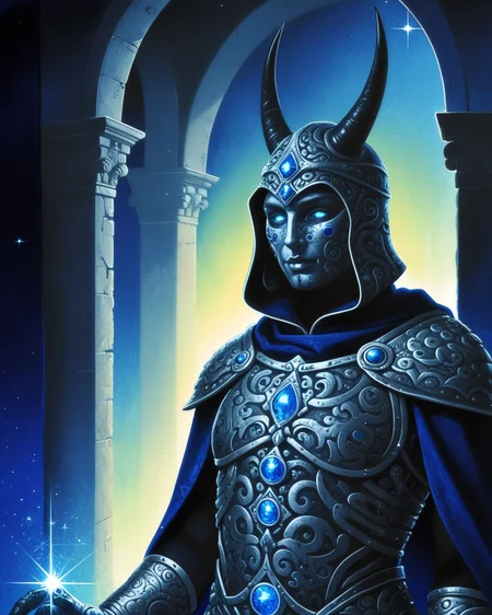 a highly detailed, digital fantasy illustration of a humanoid figure with an otherworldly appearance. The character has an androgynous physique with a slender, muscular build and pale, almost translucent skin. They wear an elaborate, ornate suit of armor that covers their torso and upper arms, intricately designed with dark metallic textures and adorned with glowing blue gemstones set in the chest plate and shoulder pads. The armor is highly detailed, featuring intricate patterns and a high level of craftsmanship, suggesting a high-tech or magical origin.
The character's face is obscured by a hooded cloak, which is also part of the armor and is made from a dark, possibly black or navy fabric. The hood casts a shadow over the face, adding to the mysterious aura. The character's eyes glow an eerie blue, matching the gemstones on the armor, and they have prominent, curved horns protruding from the hood, further emphasizing their otherworldly nature.
The background is a grand, cathedral-like setting with tall, arched windows that allow soft, diffused light to filter in, illuminating the scene. The light creates a halo effect around the character, enhancing the ethereal and divine atmosphere. The overall color palette is dominated by dark metallic tones contrasted with the glowing blue elements. doviliotarot <lora:DovilioTarot_SDXL:1.2>