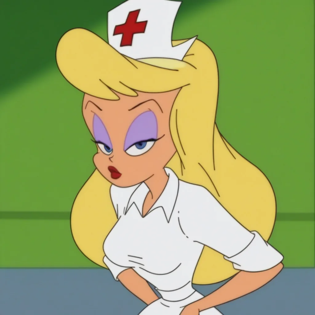 white collar shirt, thick red lips, white Mary Janes shoes, purple eyeshadow, low eyes, white nurse's cap, blue eyes, bangs, 1girl, white skirt, long blonde hair, rolled up sleeves, exposed legs, Heloise Nerz