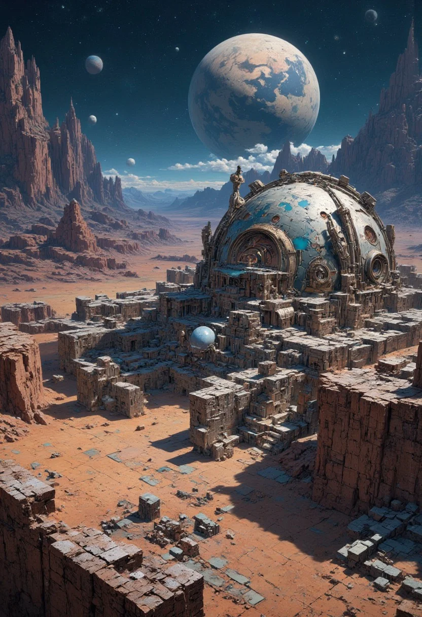 mythp0rt, masterpiece oil painting, landscape of a futuristic sci-fi moon base, gleaming metals and ceramics, domes, cratered environment, dusty, thin haze, a large planet dominating the skyline
