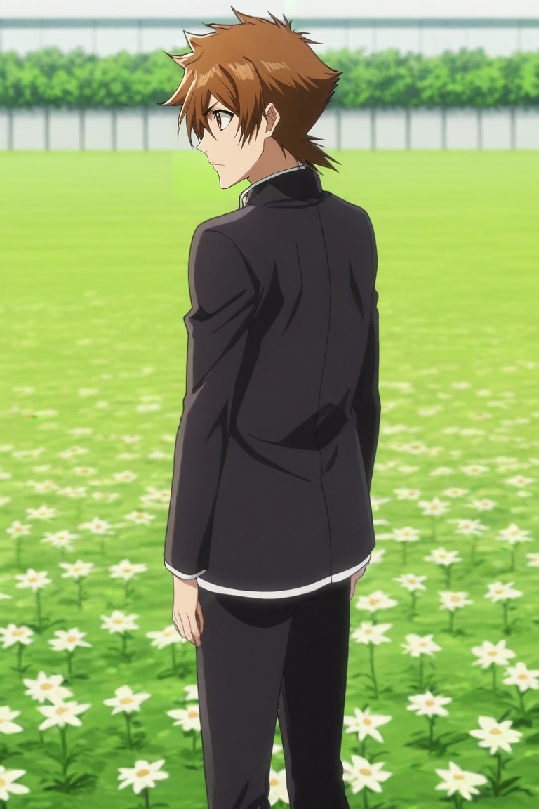 score_9, score_8_up, score_7_up, , anime screencap, rating_safe, , , depth of field, 1boy, male focus, <lora:issei_hyoudou_pony:0.58>, issei_hyoudou, brown hair, brown eyes, hair between eyes, solo, profile, flower field, flowers, indoors, ass, sparkling eyes, <lora:bleach_tybw_style_pony:1.12>, bleach_tybw_style, , <lora:sdxl_lightning_8step_lora:1>