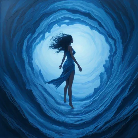 ocxdjm, score_9_up, score_8_up, score_7_up, A dark-haired woman, her figure wrapped in shadow, stands on the edge of a glowing, swirling vortex, the title 'OCXDJM' blazing in neon blue above. Her hand reaches toward the vortex, and electricity dances around her fingertips, connecting her to the intense energy. The stormy sky and jagged cliffs in the background add to the suspense and tension. Highly detailed, cinematic, electrifying.