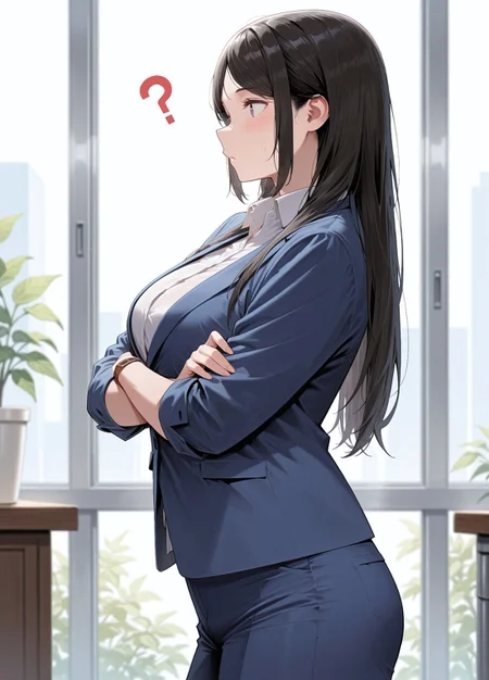 masterpiece, best quality,hyper-Detailed, 

k1sarak1, n0rk1sa, 1girl, solo, black hair, long hair, black eyes, large breasts, formal, office lady, suit jacket,  blue jacket,  white shirt, collared shirt,  long sleeves, sleeves rolled up, wristwatch, blue pants, belt, black footwear, low block heels,

, standing, head tilt, crossed arms, confused, clubroom, from side, profile,