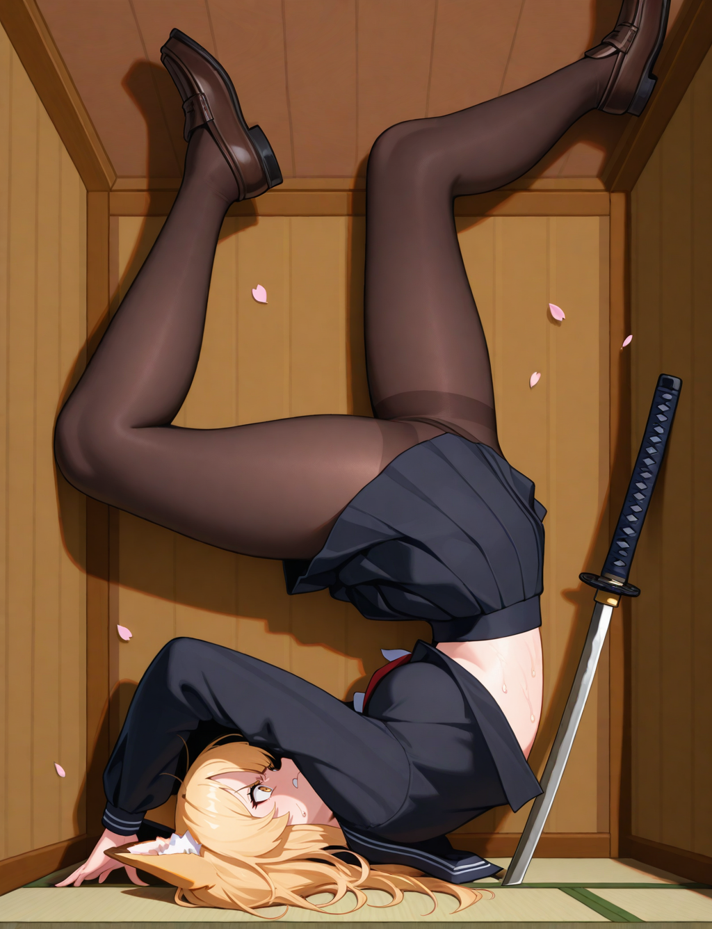 masterpiece,best quality,higres illustration,detailed face,1girl,<lora:flexiblestuck_IL:1>,flexible,in container,full body,from side,angry,sweat,black serafuku,katana,japanese room,loafers,tatami,fox girl,blonde hair,pantyhose,petals,sakura,on back,closed mouth,