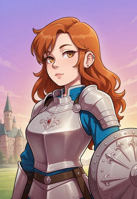 safe_pos, score_9, score_8_up, score_7_up, 1girl, solo, medieval knight, polished plate armor, ornate shield, wavy auburn hair, realistic, cinematic angle, cinematic lighting, athletic body, determined face, piercing hazel eyes, defensive pose
BREAK
guarding a ancient castle
BREAK
source_medieval_art, rating_explicit, expressive, full body, heroic pose
BREAK
detailed beautiful background, medieval landscape, lush greenery, mythical creatures, distant mountains, majestic atmosphere
<lora:Expressive_H:0.6>Expressiveh, (SimplepositiveXLv1:1.3), (((upper body, full clothed:1.85)))
((masterpiece))
 (ultra realistic, 32k, masterpiece:1.2), (high detailed skin:1.1), (high quality:1.1)
(((full clothed)))
<lora:DandonFuga_Style_v.2_-_Pony:0.8>
 (8k uhd:1,4)
 <lora:add-detail-xl:1>
 <lora:Dynamic Poses:1>