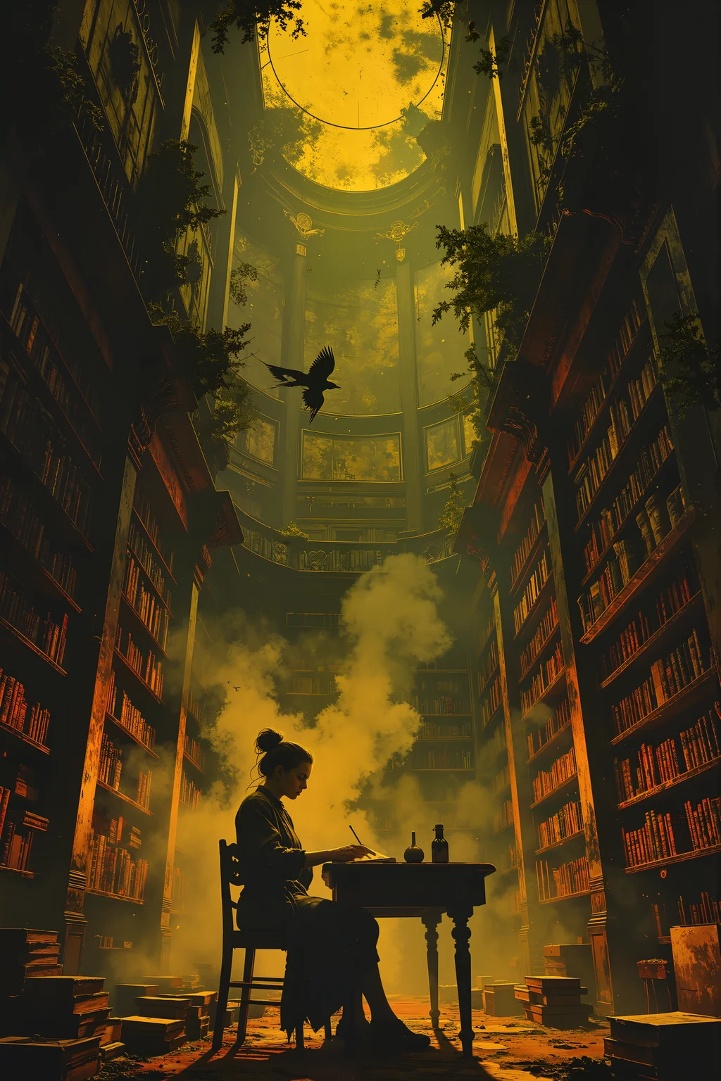 In an impossibly tall library where the bookshelves extend infinitely into a golden haze, a solitary librarian sits at a floating wooden desk, reading a book that continuously writes itself as she turns the pages. Her long, silver hair drifts weightlessly as if submerged in water, and her robes shimmer with unreadable symbols that change each time they are looked at. The books around her are bound in materials both familiar and alienâsome covered in soft, pulsating moss, others wrapped in thin, translucent membranes that reveal shifting ink within. Above her, constellations are suspended like chandeliers, their celestial light illuminating the pages as the book fills itself with words that have never been spoken before. Strange birds with feathers made of parchment flutter between the shelves, their wings rustling with the sound of turning pages. Some books whisper softly when opened, while others produce deep, resonant chimes that reverberate through the endless halls. The librarian dips her quill into an inkwell filled with liquid midnight, poised to writeâbut before she can, the book turns its next page on its own. , detailed background  Fantastic lighting. Detailed shadows.intricate details, vivid colors, hyper-detailed, ultra-sharp, , <lora:Luminous_Shadowscape-000016:0.4><lora:black_fantasy_1.0:0.4><lora:Glitchcore_Flux:0.4><lora:- Flux1 - vanta_black_V2.0:0.4>