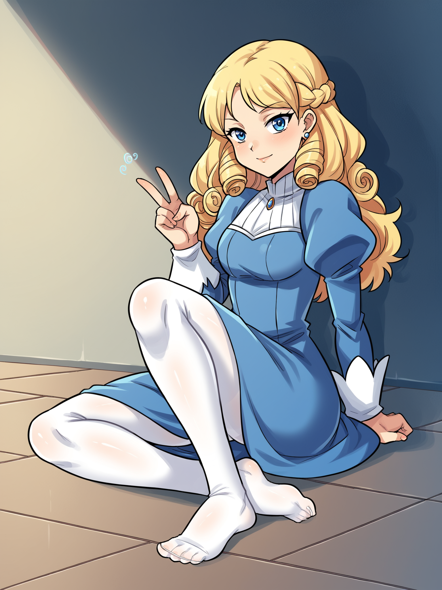 score_9, score_8_up, score_7_up, score_6_up, score_5_up, score_4_up, source_anime, <lora:Perfect Hands:1> Perfect Hands, <lora:PerfectEyesXL:1> perfecteyes, BREAK
1girl, solo,  <lora:Lost_One_Zero-000015:0.8> l1z, spiral curls, long hair, blonde hair, blue eyes, princess, blue dress, fine fabric emphasis, juliet sleeves, white pantyhose, no shoes, v,