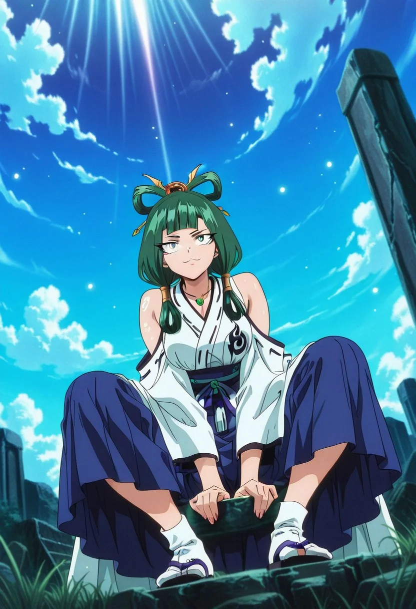 YokoFT, 1girl, solo, green hair, medium hair, hair ornament, blunt bangs, black eyes, :3, necklace with tomoe, japanese clothes, white yukata, blue hakama, wide sleeves, large breast, white socks, sandals,
,seductive pose, sexy pose, tease,
masterpiece, best quality, fine details, intricate details, depth of field, subsurface scattering, bokeh,
ultra-detailed, very aesthetic, detailed background, newest, scenery, highres, absurdres, colorful, vibrant, glowing, perfect face, 2d, perfect eyes, vibrant saturated colors, volumetric lighting, sharp, detailed eyes, perfect anatomy, perfect face, perfect eyes, mature body, clear eyes, beautiful eyes, athletic, curvy body, athletic girl, perky tits, perfect tits, round breasts, pinup pose, teasing, lustful expression, perfect hands,
muscular female, dutch angle,
, flexible, action angle,floating hair, floating clothes, outdoors, sitting, stone, ruins, blue sky, cloud, grass,
,Smooth Negative, Smooth_Quality,
90s_anime_aesthetic, 1990s (style), retro, retro artstyle,dark_fantasy_style, dark fantasy, retro,
