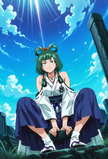 YokoFT, 1girl, solo, green hair, medium hair, hair ornament, blunt bangs, black eyes, :3, necklace with tomoe, japanese clothes, white yukata, blue hakama, wide sleeves, large breast, white socks, sandals,
,seductive pose, sexy pose, tease,
masterpiece, best quality, fine details, intricate details, depth of field, subsurface scattering, bokeh,
ultra-detailed, very aesthetic, detailed background, newest, scenery, highres, absurdres, colorful, vibrant, glowing, perfect face, 2d, perfect eyes, vibrant saturated colors, volumetric lighting, sharp, detailed eyes, perfect anatomy, perfect face, perfect eyes, mature body, clear eyes, beautiful eyes, athletic, curvy body, athletic girl, perky tits, perfect tits, round breasts, pinup pose, teasing, lustful expression, perfect hands,
muscular female, dutch angle,
, flexible, action angle,floating hair, floating clothes, outdoors, sitting, stone, ruins, blue sky, cloud, grass,
,Smooth Negative, Smooth_Quality,
90s_anime_aesthetic, 1990s (style), retro, retro artstyle,dark_fantasy_style, dark fantasy, retro,