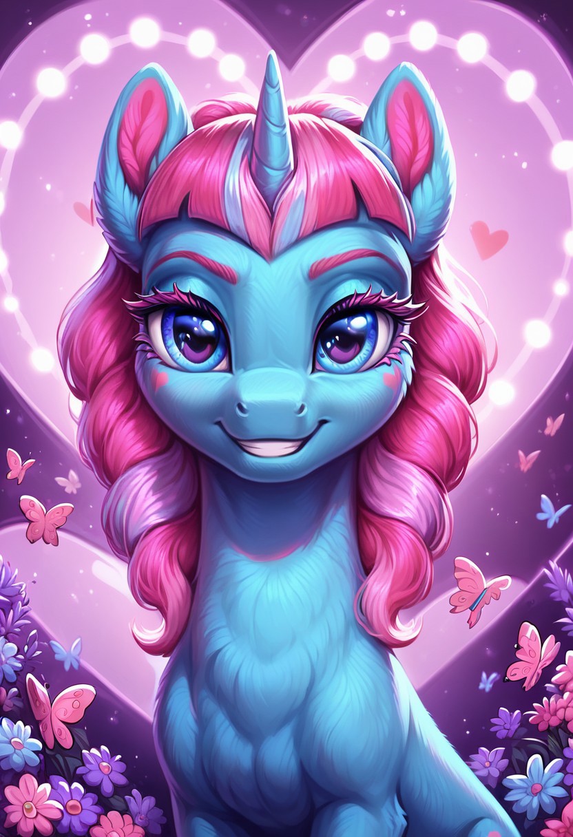 masterpiece, score_9, score_8_up, score_7_up, score_6_up, (best quality:1.1), ultra-detailed, high resolution, (UNICORN PONY)), (SOLO), (1GIRL), (FERAL PONY), ((KIWI LOLLIPOP), (pony nuzzle), ((detailed pink hair with light pink and blue stripe:1.5)), (highly detailed pony face), (highly detailed eyelashes:1.5), (beautiful detailed blue eyes), (detailed blue fur:1.5), (smirking), ((highly detailed purple pink heart shaped stage  background:1.5)), (purple pink flowers:1.5), (pink purple stage lights:1.5), (purple pink butterflies:1.5), high quality, sharp, the quality of ai art is frightening, highly detailed, Highly Visible, sharp focus, high detail, detailed background,