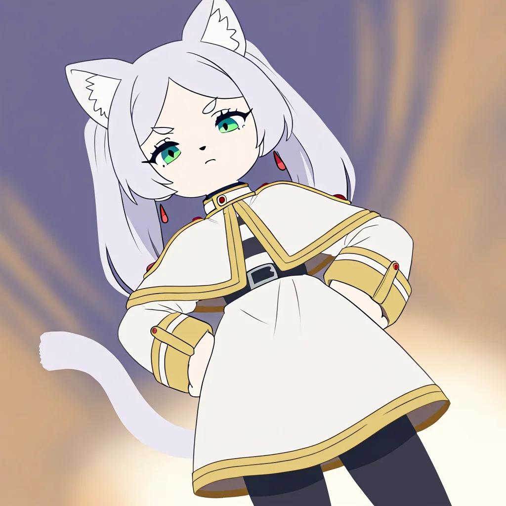masterpiece,high score,great score,absurdres,fabulosity style,best quality, flat color, no lineart, no outline, chibi,aged down,petite,shortstack,solo,catgirl,cute,cat ears,animal ear fluff,solo,cat tail,1girl, solo, sousou no frieren, frieren, white robe, twintails, black pantyhose, looking at viewer, angry, hands on own hips, (tilted, dutch angle:1.3),kemono,furry, blurry background, depth of field, <lora:something_cute:1>
