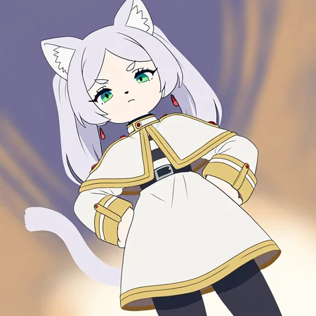 masterpiece,high score,great score,absurdres,fabulosity style,best quality, flat color, no lineart, no outline, chibi,aged down,petite,shortstack,solo,catgirl,cute,cat ears,animal ear fluff,solo,cat tail,1girl, solo, sousou no frieren, frieren, white robe, twintails, black pantyhose, looking at viewer, angry, hands on own hips, (tilted, dutch angle:1.3),kemono,furry, blurry background, depth of field, <lora:something_cute:1>