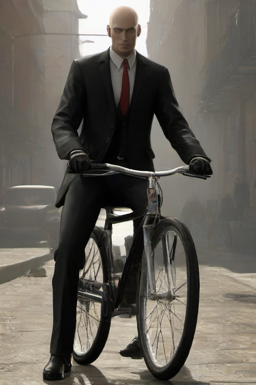masterpiece,high quality,
 <lora:PE_Hitman47:0.8>  PEHitman,
riding a bicycle,sitting on a bicycle