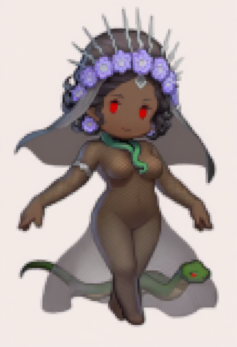 masterpiece, best quality, 1girl, solo, looking at viewer,
<lora:Feh-Sprites-illus_Fp:1>  simple background, chibi, full body
 <lora:zs_BlackMariaILLU:1> bl4ckm4riasmt, dark-skinned female, brown skin, mature female, black hair,  short hair, curly hair, red eyes, hair flower, black veil, mesh, nude, green snake, mesh bodysuit