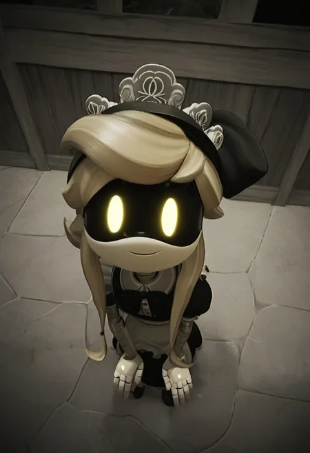score_9, score_8_up, score_7_up, ((no Im not a human style), dark theme, dark framing, green monochrome, VHS style, Fisheye View, peephole view), dark background, wooden fence, porch, night, looking outside pov, mdCyn, screen face, visor, blonde hair, maid dress, bow, smile, looking at viewer, own hands together, v arms