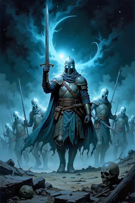 In the cold, desolate ruins of an ancient battlefield, a ghostly army stands frozen in time, their spectral forms shimmering faintly in the pale light of the distant, crescent moon. Each soldier, dressed in worn, tattered armor, grips a rusted weapon, their hollow eyes glowing with a faint blue light as they stare ahead, waiting for a battle that never ends. The air is thick with a cold, bone-chilling fog that swirls around the ruins, obscuring the jagged remains of long-forgotten fortifications and broken siege machines. Above, the sky is a deep, inky black, dotted with distant stars that seem to flicker in and out of sight, as though the night itself is alive with ancient memories. The ground beneath the spectral army is scorched and cracked, littered with broken weapons and the crumbling bones of the fallen, half-buried in the dry earth. The sound of distant, ghostly whispers drifts through the air, carried on a wind that feels unnaturally cold and bitter. At the center of the spectral host, a ghostly commander stands tall, his eyes burning with a cold, determined fire as he raises his sword, frozen in the eternal act of leading his soldiers into battle. The scene is one of haunting stillness, a battlefield lost in time, where the echoes of war refuse to fade. , detailed background Fantastic lighting. Detailed shadows.intricate details, vivid colors, hyper-detailed, ultra-sharp, <lora:Dorota_Pietrowiak:0.3> Portrait by Dorota Pietrowiak <lora:Comic book V2:0.8> High-contrast illustration