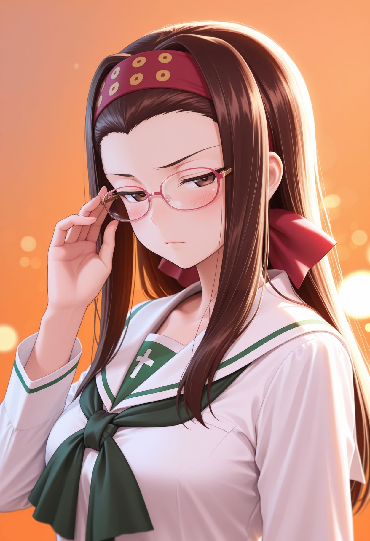 masterpiece,best quality,absurdres,highres,very aesthetic,high quality,detailed,insanely detailed,beautiful,perfect lighting, ,depth of field,blurry background,bokeh, looking at viewer,
 <lora:Saemonaza illu:1>, ,1girl, ooarai school uniform, long hair, brown hair, glasses, looking at viewer, pink hairband, serafuku, long sleeves, adjusting eyewear, white shirt, upper body, neckerchief, orange background, artist name, blouse, closed mouth, red headband, simple background, blush, bespectacled, light frown, brown eyes, half-closed eyes