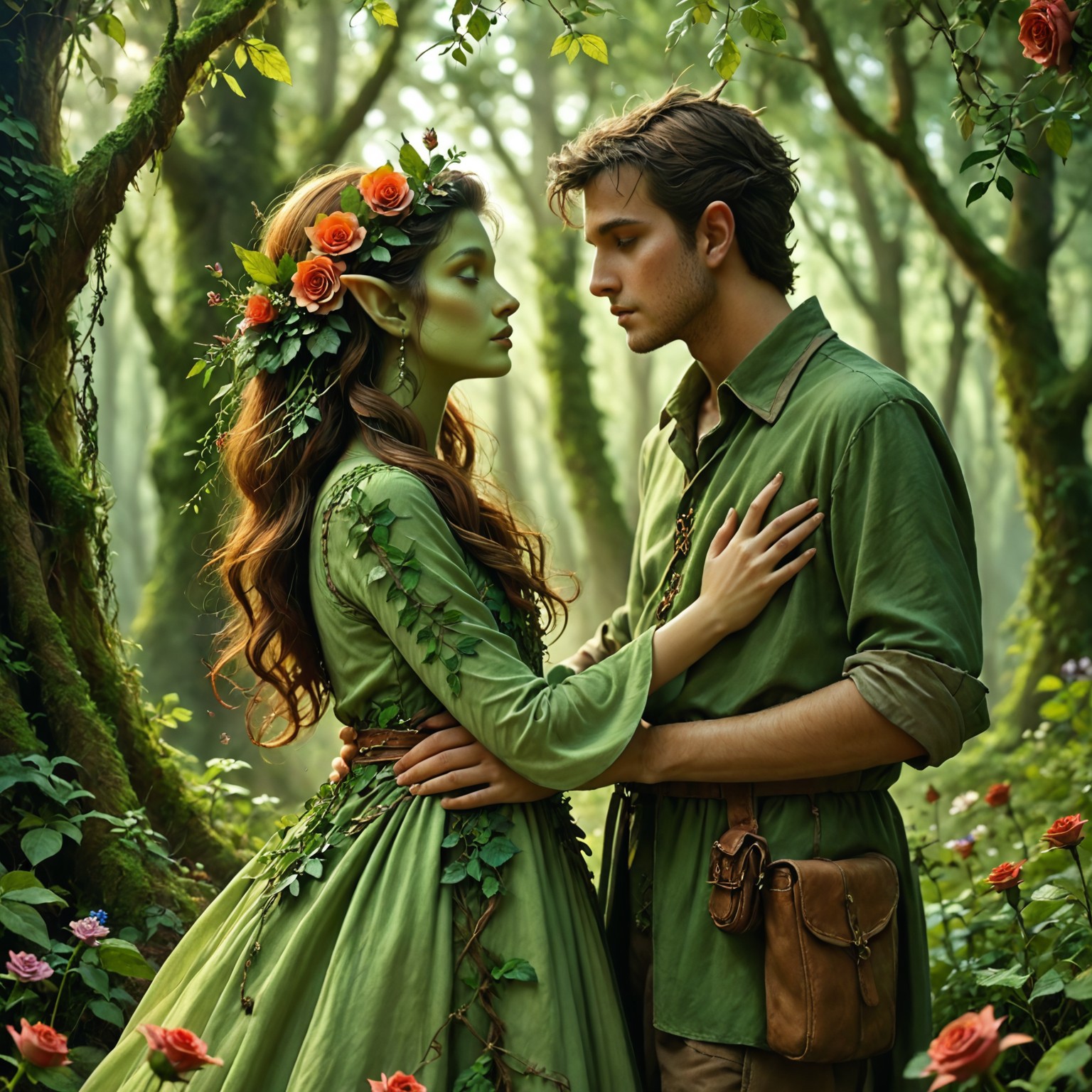 safe_pos, masterpiece,best quality, highly detailed, sfw, score_9, score_8_up, score_7_up, score_6_up,Dryad-NatureThemeV1, 1girl, dryad, tree, leaf, nature, flower, pointy ears,green skin, roses in hair, long flower dress, 1boy, elf, green tunic, offering her a rose.
Enchanted forest, evening , fireflies, very romantic, soft lighting.Stable_Yogis_SD1.5_Positives,