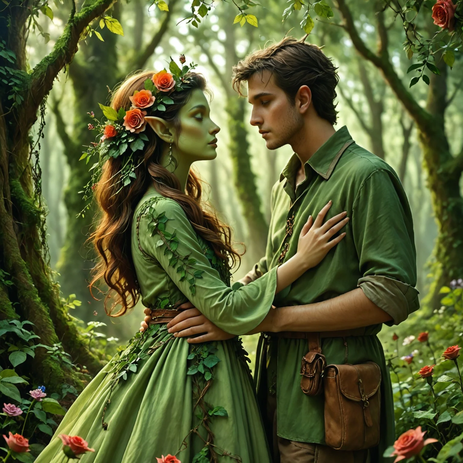 safe_pos, masterpiece,best quality, highly detailed, sfw, score_9, score_8_up, score_7_up, score_6_up,Dryad-NatureThemeV1, 1girl, dryad, tree, leaf, nature, flower, pointy ears,green skin, roses in hair, long flower dress, 1boy, elf, green tunic, offering her a rose.
Enchanted forest, evening , fireflies, very romantic, soft lighting.Stable_Yogis_SD1.5_Positives,