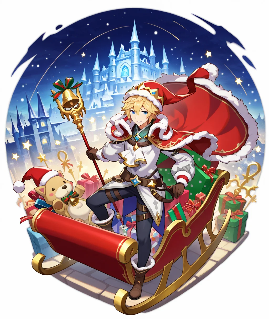 masterpiece,best quality,newest,absurdres,highres BREAK Xander,1boy,blonde hair,male focus,gift,santa hat,hat,solo,christmas,smile,stuffed toy,cape,staff,Bell Staff,blue eyes,stuffed animal,full body,bell,fur trim,box,weapon,gloves,santa costume,looking at viewer,boots,gift box,christmas ornaments,star belt,belt,tiara,brown gloves,brown footwear,official art,castle,sled,<lora:XanderV1-1-000008:1>,