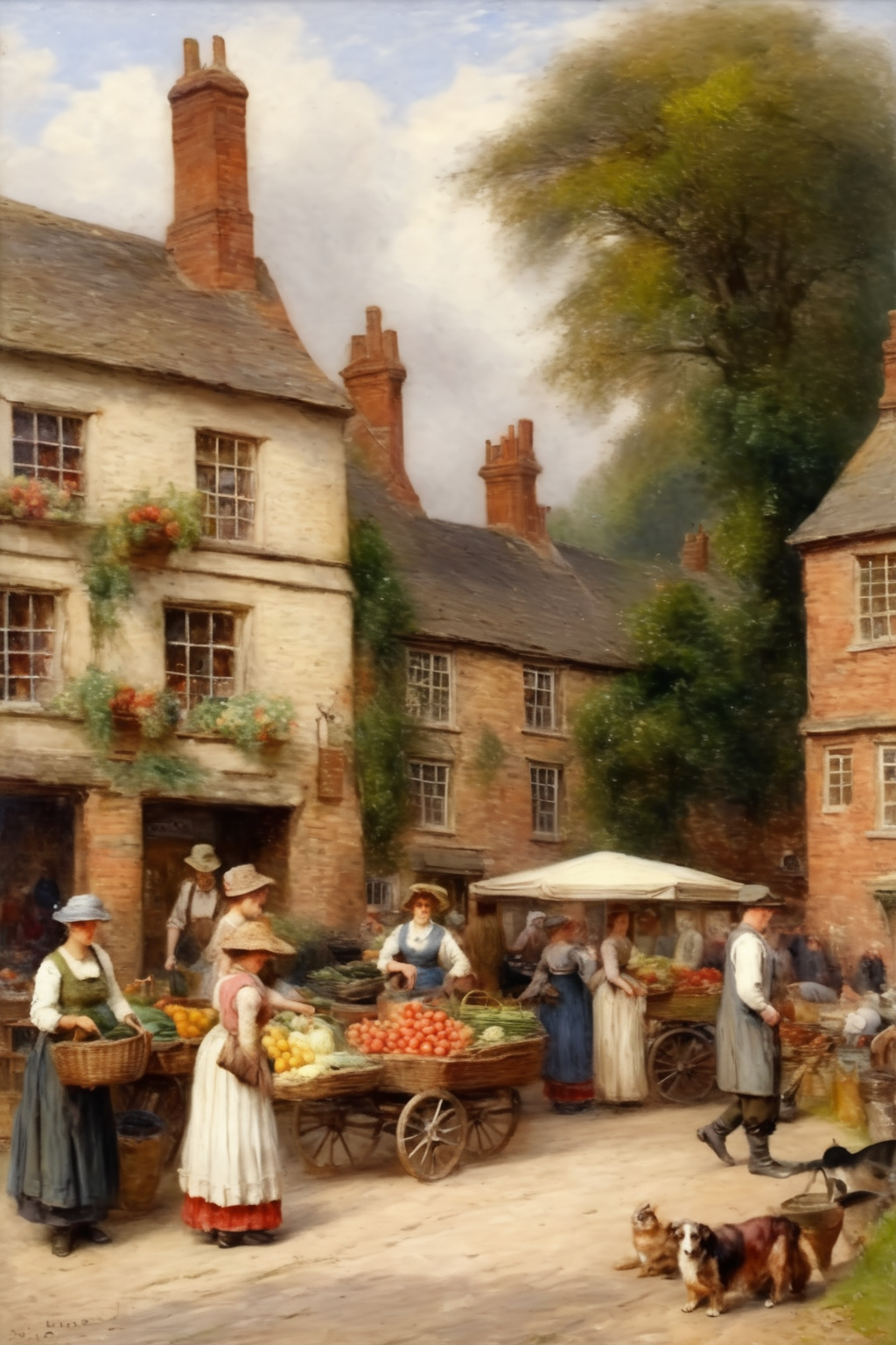 <lora:Alfred Augustus Glendening style:1>Alfred Augustus Glendening style - A quaint village market square bustling with farmers selling their fresh produce.