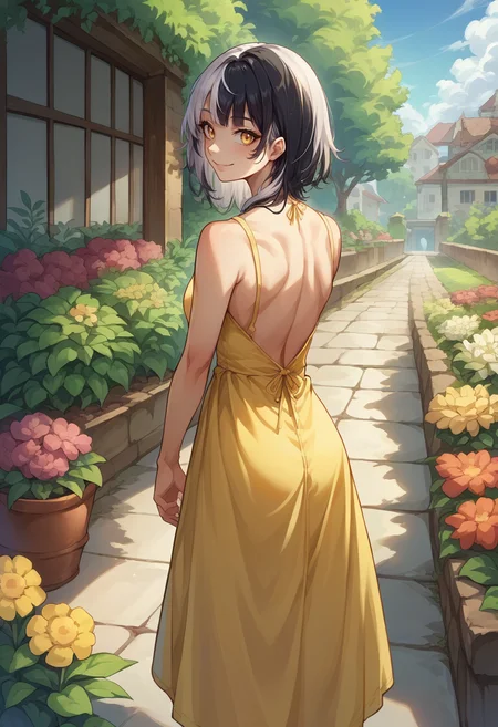 score_9, score_8_up, score_7_up, source_anime, 1girl, solo, ShioriNovella, split-color hair, white hair, black hair, yellow eyes, from behind, yellow sundress, garden, day, sunshine, smile, looking back, <lora:ChamShioriNovella:1>