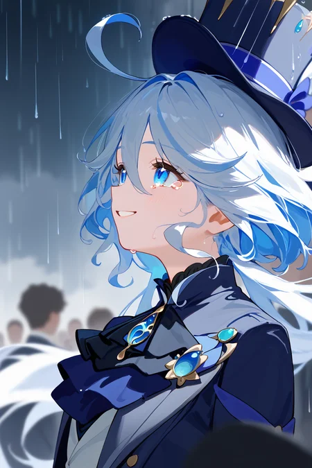 score_9, score_8_up, cinematic light, bloom, depth of field,
furinadef, ahoge,
blue shirt,
rain, cloudy sky, looking up, facing up, tears, smile, wet,
wind blown,
from side, upper body,
crowd shiloutte background,
<lora:Dishwasher-Style-v2:1> <lora:Afrobull:1> <lora:genshinimpact_furina_ponyXL:1> furinadef, ahoge, blue headwear, top hat, jacket, ascot, brooch