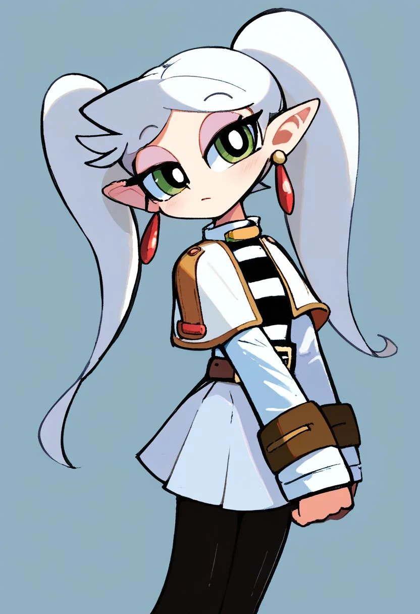 <lora:powerpuff_girls_Kim_Crab_style:1>powerpuff <lora:ChamFrierenPonyXL:1> Frieren,green eyes,white hair, long twintails, earrings,small chest, flat, white capelet, striped shirt, long sleeves, belt, white skirt, black pantyhose, Score_9, Score_8_up, Score_7_up, Score_6_up, Score_5_up, Score_4_up, BREAK,1girl in full growth, best quality, masterpiece, ultra-detailed, high quality,good quality,1 girl,(master piece,high resolution, ultra detailed,8K,16K),look at viewer, parted bangs, thin long twintails down passed butt, stringy hair,