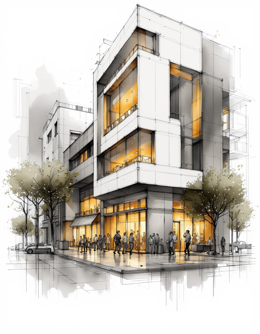 sketch of a modern shoppingmall, illuminated by warm yellow lights from some window, monochromatic with grey tones and soft yellow highlights, creating a subtle illumination effect. Schematic, fluid lines that convey ideas rather than precision, Quick sketches to explore ideas and concepts.