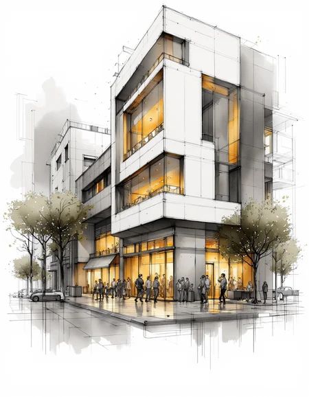 sketch of a modern shoppingmall, illuminated by warm yellow lights from some window, monochromatic with grey tones and soft yellow highlights, creating a subtle illumination effect. Schematic, fluid lines that convey ideas rather than precision, Quick sketches to explore ideas and concepts.