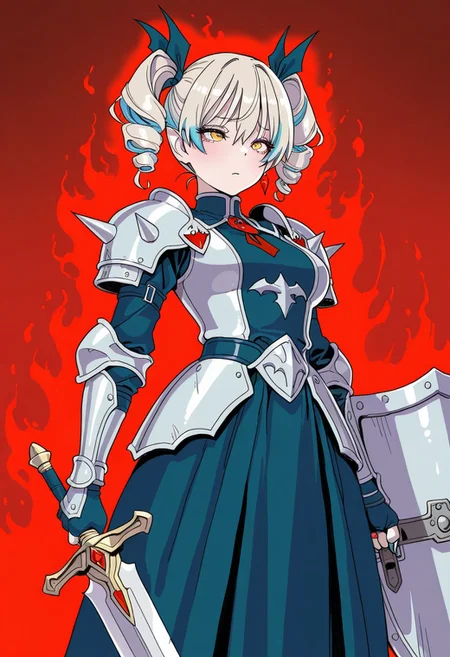 masterpiece, best quality, amazing quality, very aesthetic, absurdres, newest, Yamashita_shunya_STYLE, solo,
(vampire:1.5), 1girl, expressive eyes, feminine eyes, beautiful detailed eyes:1, perfect face, yellow eyes:1, short point ears, (platinum blonde hair with blue highlights:1.5), (twintail drill hair), medium breasts, (vampiric blue paladin dress armor:1.5), (fingerless gloves:1.5), blue nails, holding paladin sword, holding large paladin shield, white aura, sad, furrowed brows, dynamic pose with paladin sword, emotionless