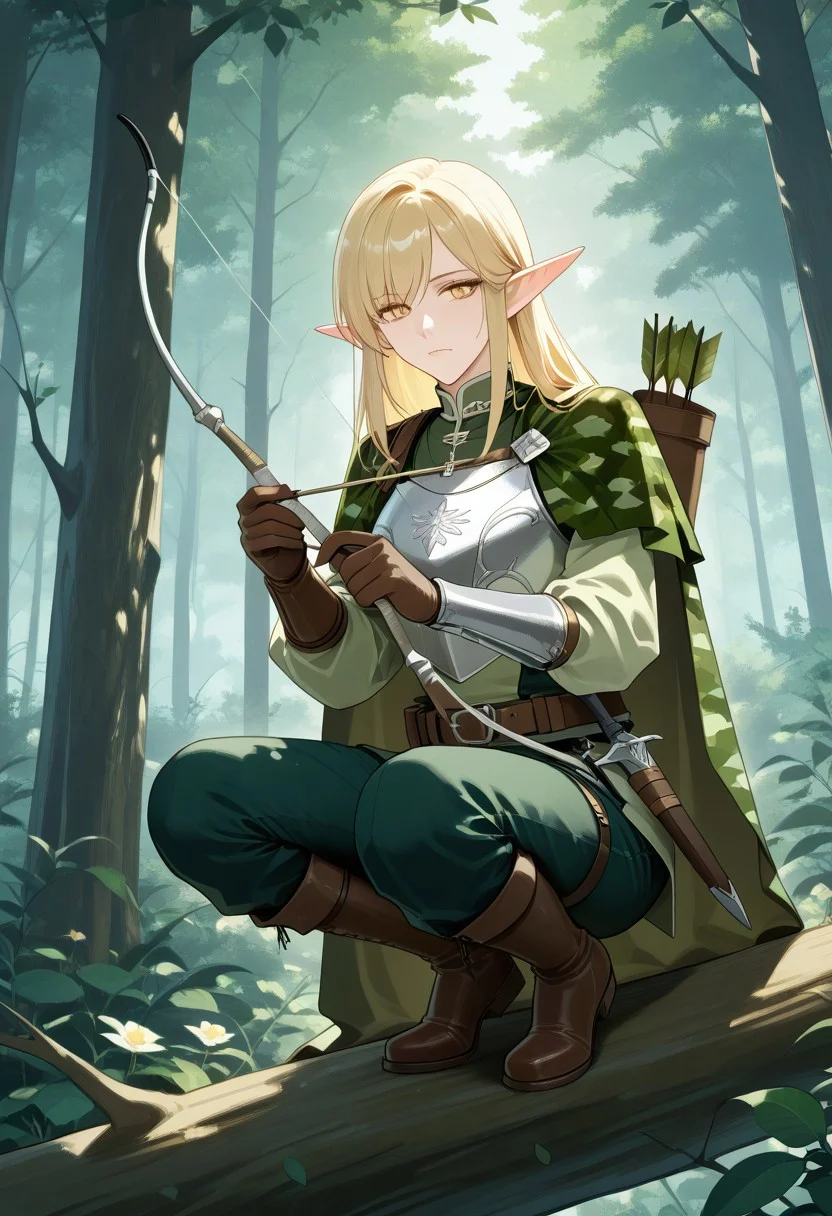 1boy. elf, pointed ears. Fair facial features. Light blonde hair. Ombre hair style. Striking eyes. yellow eyes. Detailed Face. Elegant. Regal. crouching on tree branch. drawing bow (weapon). silver Metal breastplate with leaf motif. silver Metal bracers with leaf motif. Forest camouflage cloak. Belt. Boots. light green shirt and gren pants. sheathed dagger. arrow quiver. Elven bow. Forest background. ruanyi1126,forest,outdoors,flower.