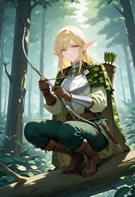 1boy. elf, pointed ears. Fair facial features. Light blonde hair. Ombre hair style. Striking eyes. yellow eyes. Detailed Face. Elegant. Regal. crouching on tree branch. drawing bow (weapon). silver Metal breastplate with leaf motif. silver Metal bracers with leaf motif. Forest camouflage cloak. Belt. Boots. light green shirt and gren pants. sheathed dagger. arrow quiver. Elven bow. Forest background. ruanyi1126,forest,outdoors,flower.