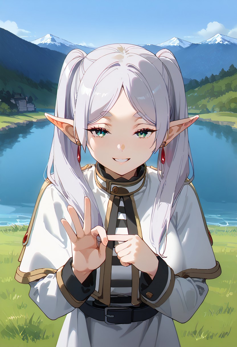 (Masterpiece, best quality, absurdres), Expressiveh, 1girl, detailed face, Frieren, \(sousou no frieren\), green_eyes, white_hair, twintails, long_hair, parted_bangs, pointy_ears, elf, red_earrings, black_pantyhose, white_capelet, striped_shirt, white_skirt, white_dress, black_belt, long_sleeves, large breast, standing, upper body, face focus, looking at viewer, <lora:seductive-smile-ponyxl-lora-nochekaiser:1>, seductive smile, come hither, naughty face, <lora:penetration-gesture-ponyxl-lora-nochekaiser:1>, penetration gesture, sexually suggestive, ok sign, pointing, outdoors, grass field, lake, castle background, BREAK score_9, score_8_up, score_7_up, score_6_up, csr style