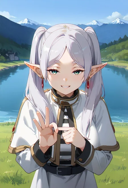 (Masterpiece, best quality, absurdres), Expressiveh, 1girl, detailed face, Frieren, \(sousou no frieren\), green_eyes, white_hair, twintails, long_hair, parted_bangs, pointy_ears, elf, red_earrings, black_pantyhose, white_capelet, striped_shirt, white_skirt, white_dress, black_belt, long_sleeves, large breast, standing, upper body, face focus, looking at viewer, <lora:seductive-smile-ponyxl-lora-nochekaiser:1>, seductive smile, come hither, naughty face, <lora:penetration-gesture-ponyxl-lora-nochekaiser:1>, penetration gesture, sexually suggestive, ok sign, pointing, outdoors, grass field, lake, castle background, BREAK score_9, score_8_up, score_7_up, score_6_up, csr style