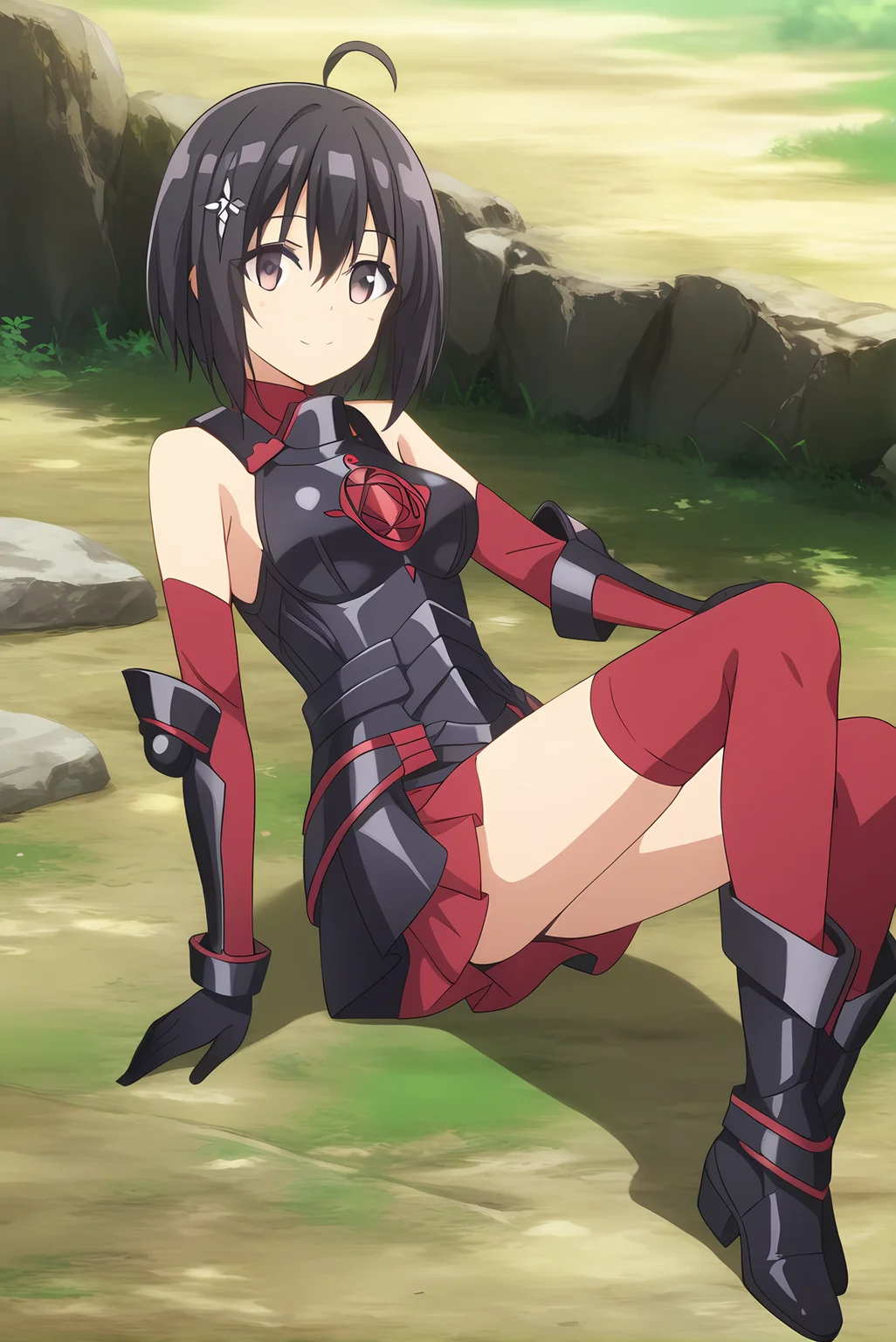(black armor black gloves black boots red sleeves red thighhighs), bof-maple, black hair, hair ornament, medium breasts, 1girl, solo, skinny, feet, score_9, score_8, score_7, source_anime, happy, outdoors, (1.3::full body|sitting|standing|lying|0.6::close-up| :1.20), <lora:bof-maple-V01-000004:0.70>