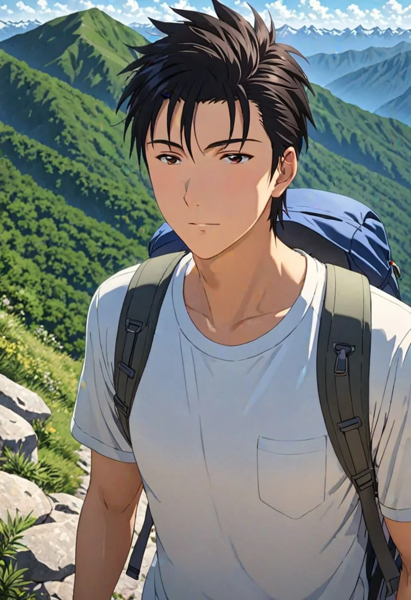 Highres, Masterpiece, High Quality, 4K, Soujiro Agata, 1boy, solo, black hair, hiking gear, hiking to the mountain, top of mountain, Realistic Light, candid photo