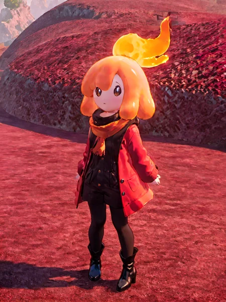 palworld-flambelle, <lora:palworld_flambelle_xl_lora_v3:0.7>,
masterpiece, best quality, sunset, fantasy landscape, full body, red jacket, cropped jacket, red scarf, black pants, high heel boots, standing