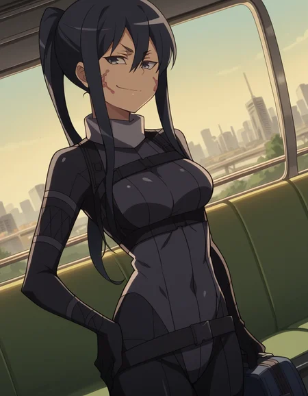 score_9, score_8_up, score_7_up, source_anime, <lora:pitohui-s1-ponyxl-lora-nochekaiser:1>, pitohui, long hair, black hair, ponytail, facial mark, sidelocks, medium breasts,, bodysuit, black bodysuit, long sleeves, belt, , train station, waiting for train, suitcase, traveling, commute, city skyline, hands behind back,, , , smug, hand on hips,, solo,, cowboy shot, dutch angle,