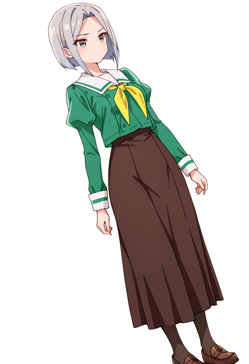 masterpiece,high quality details,absurdres, 
 <lora:Nishidera_Nene:0.8>
nene_cnr, 1girl, grey hair, short hair, 
nene_s2,green shirt, white sailor collar, serafuku,long skirt,black-brown skirt, juliet sleeves,pantyhose, loafers,, simple background, white background, dutch angle,solo,, d:,