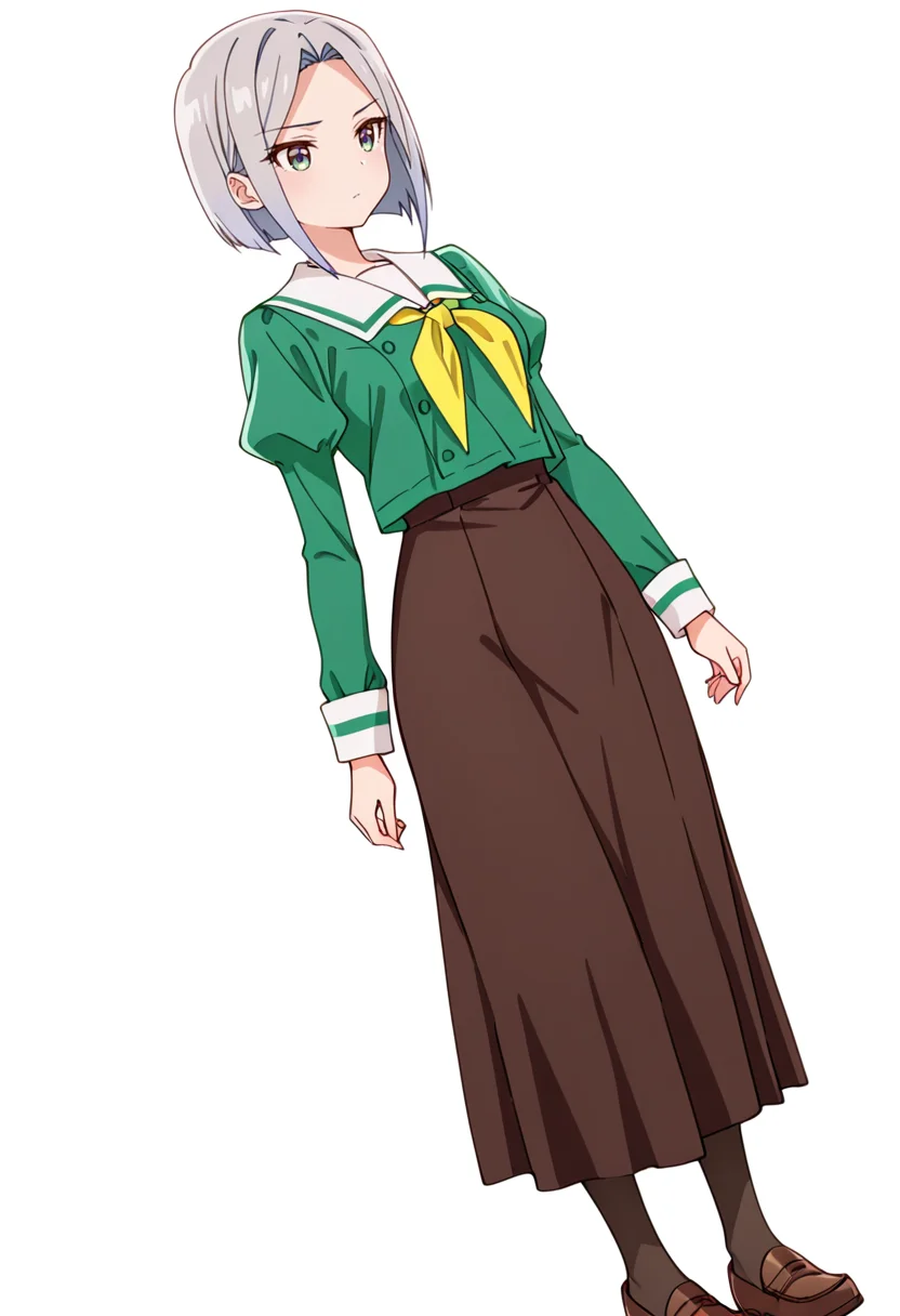 masterpiece,high quality details,absurdres, 
 <lora:Nishidera_Nene:0.8>
nene_cnr, 1girl, grey hair, short hair, 
nene_s2,green shirt, white sailor collar, serafuku,long skirt,black-brown skirt, juliet sleeves,pantyhose, loafers,, simple background, white background, dutch angle,solo,, d:,