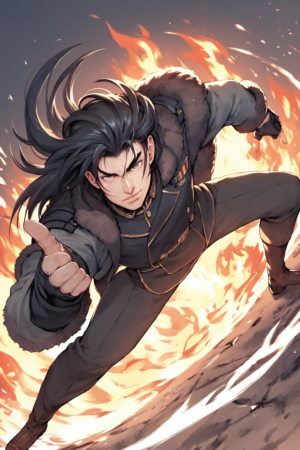 score_9, score_8_up, score_7_up, score_6_up, score_5_up, score_4_up, solo, gloves, long hair, black hair, 1boy, topcoat, fur coat, fire, military uniform, looking at viewer, male focus, military, fighting position,
<lora:matsuena_shun_style:1>