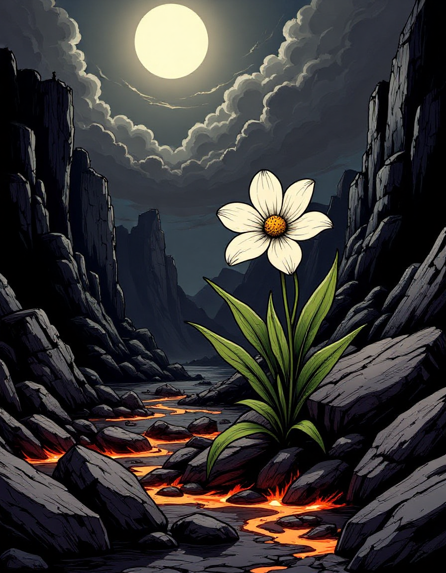 illustrated single white flower growing from between the cracks of black ashen rocks and fiery lava desolate grim landscape under black clouds with a hint of sun and god rays spotlight on the flower dark vignette effect