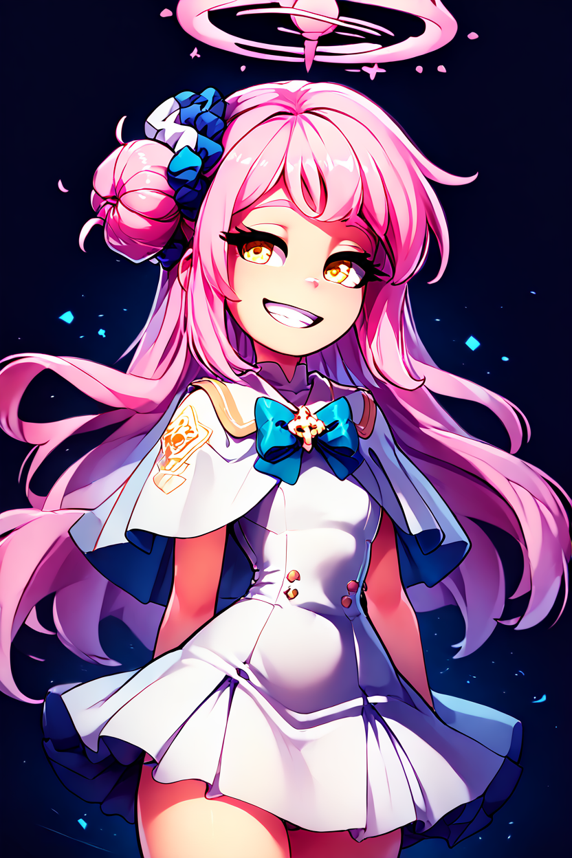 score_9, score_8_up, score_8,   BREAK, , ,,, <lora:MikaMisono_BlueArchive_PDXL:1>, zzMika, pink hair, halo, yellow eyes, long hair, single side bun, hair flower, pink halo, hair ornament, white dress, blue bow, hair bun, scrunchie, white capelet, ,,, , BREAK, smile, looking at viewer, ,,, abstract background, white outline, cowboy shot, ,,, embedding:zPDXL, Expressiveh, ,,, <lora:theOtherHalfPDXL:0.8>, <lora:CatalystStylePDXL:0.6>, <lora:SDXLFaeTastic2400:0.5>, <lora:Expressive_H-000001:0.4>,