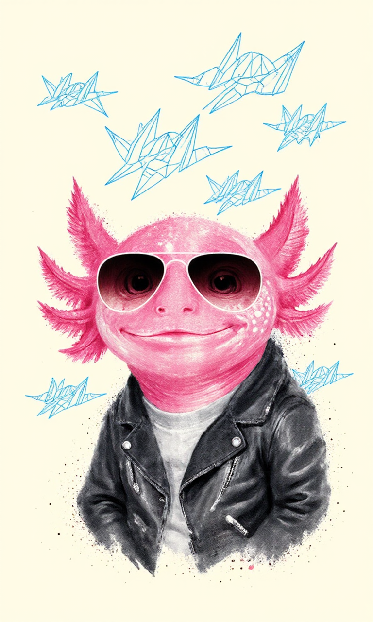 Digital drawing that combines elements of surrealism and modern art. The central figure is a stylized, three-dimensional representation of a a cool axolotl with pink frilly gills wearing sunglasses and a leather jacket, he has pink skin and a simple face with a smile,<lora:Axomodel_Flux_V2.safetensors:1.0:1.0> <lora:Acrobatic_Maneuvers_Style_FLUX-000015.safetensors:1:1>
