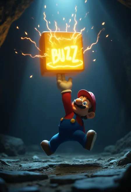 A dynamic cinematic scene showing Super Mario in the exact moment of leaping upward from beneath a glowing yellow question block. His fist is extended above his head, making forceful contact with the underside of the block. The impact sends out a sharp burst of energy: the word “BUZZ”, shaped like crackling lightning, erupts from the top of the block, glowing with electric intensity.
The environment is dark, hinting at an underground or hidden level. Shadows surround the background, but a powerful spotlight from above cuts through the darkness to illuminate Mario and the block, freezing the action in high contrast.
Stylized realism, combining cartoon-like anatomy with cinematic lighting and atmospheric detail.
Mario is positioned centrally, captured mid-air with knees bent, body rising beneath the block. The camera angle is slightly low, emphasizing his upward motion. The block hovers directly above, with the BUZZ text shooting skyward in glowing arcs.
Overhead spotlight focused tightly on Mario and the block, casting dramatic highlights. The BUZZ lightning glows in cyan and white, adding secondary illumination.
Color Palette: Rich reds, yellows, and electric blues. The background remains in shadowy blues and blacks for contrast.
Energetic, suspenseful, and slightly surreal—as if unlocking a new kind of hidden power.
Shallow depth of field. Slight motion blur on Mario’s limbs to emphasize movement. Visible film grain, light bloom around glowing elements.