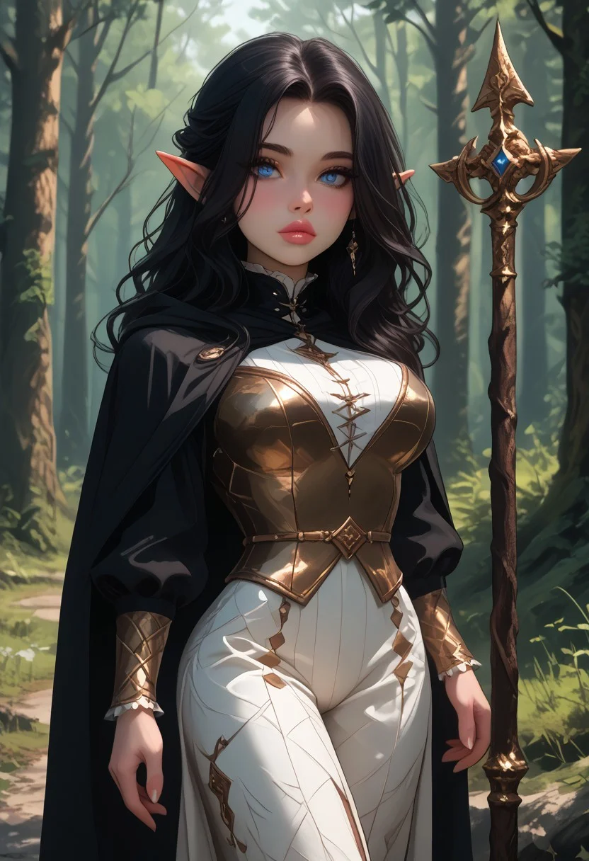 score_9, score_8, score_7, absurdres, highres, pureerosface_v1, [:(detailed face:1.2):0.2], Expressiveh, g0thicPXL, eyedetailxl, bettereyes, detailed eyes, perfection style, uncensored, aesthetic, realistic, detailed, pastel colors, 1woman, blue eyes, long wavy black hair, large firm breasts, makeup, beautiful, stunning, blush, atb, (medium cowboy shot, knees and up),  (juicy thighs), perfect bubble butt, fantasy, ornate travel cloak, (ornate outfit), ornate loose shorts, ornate wrist armor, (ornate armor), elf cleric, staff, forest camp, evening,